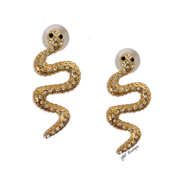 New Gold & Black Snake Rhinestone Post Fashion Earrings - Picture 2 of 5